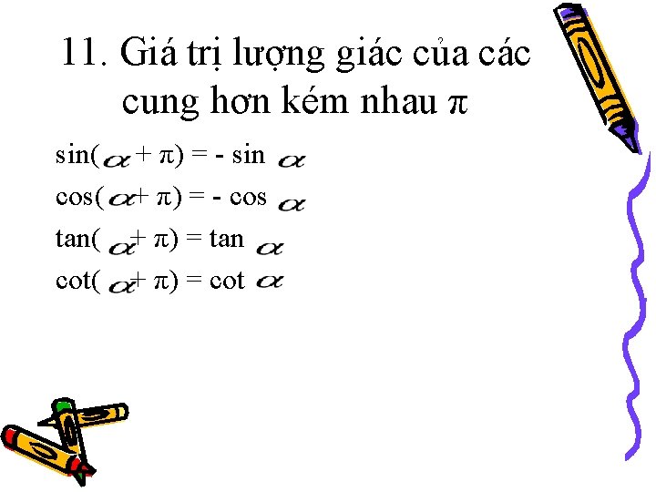 11. Giá trị lượng giác của các cung hơn kém nhau π sin( +