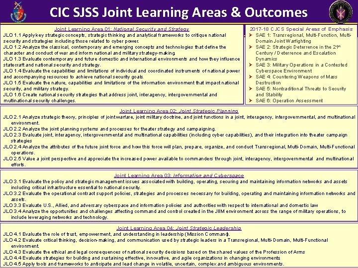 CIC SJSS Joint Learning Areas & Outcomes Joint Learning Area 01: National Security and