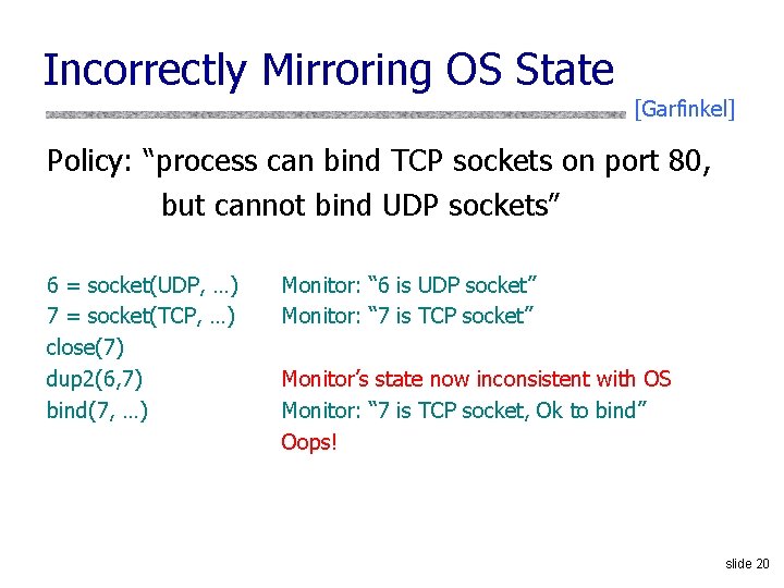 Incorrectly Mirroring OS State [Garfinkel] Policy: “process can bind TCP sockets on port 80,