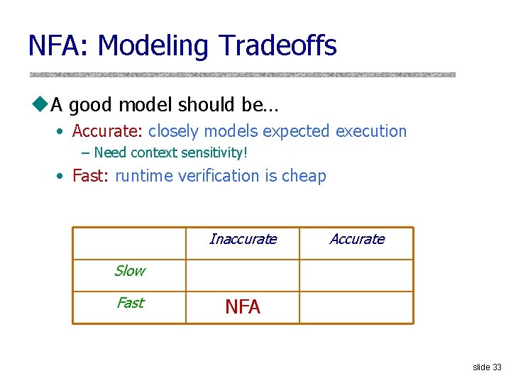 NFA: Modeling Tradeoffs u. A good model should be… • Accurate: closely models expected