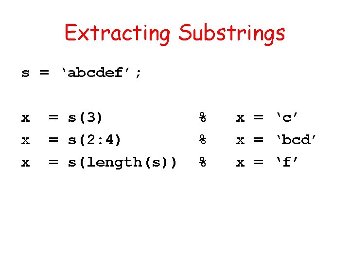 Extracting Substrings s = ‘abcdef’; x x x = s(3) = s(2: 4) =