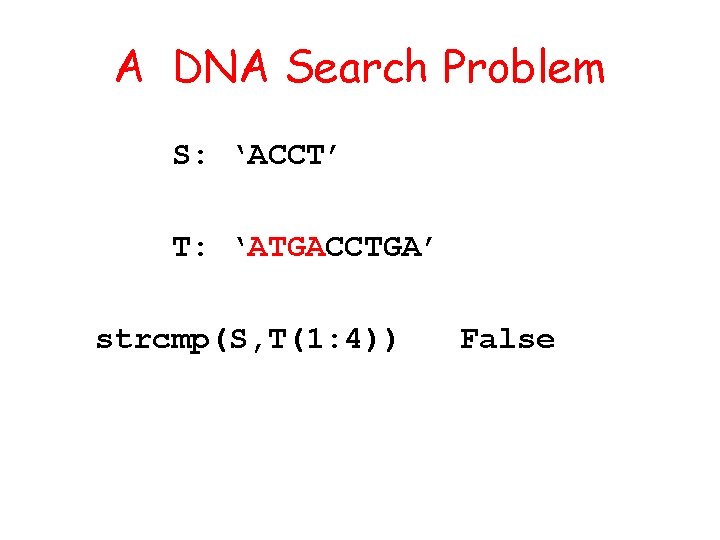 A DNA Search Problem S: ‘ACCT’ T: ‘ATGACCTGA’ strcmp(S, T(1: 4)) False 
