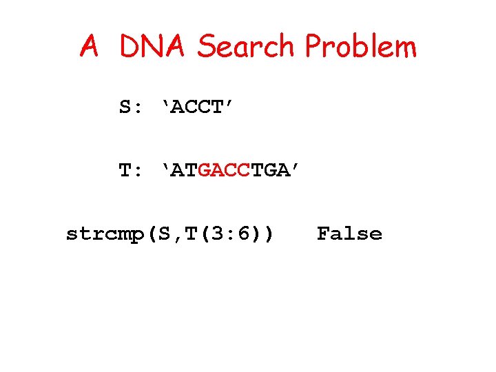 A DNA Search Problem S: ‘ACCT’ T: ‘ATGACCTGA’ strcmp(S, T(3: 6)) False 
