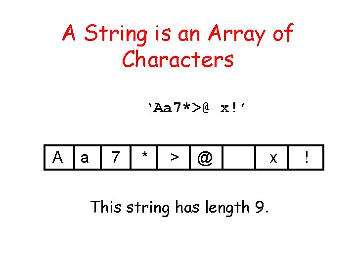A String is an Array of Characters ‘Aa 7*>@ x!’ A a 7 *
