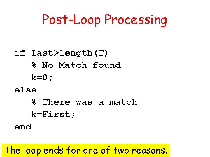 Post-Loop Processing if Last>length(T) % No Match found k=0; else % There was a