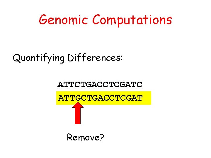 Genomic Computations Quantifying Differences: ATTCTGACCTCGATC ATTGCTGACCTCGAT Remove? 