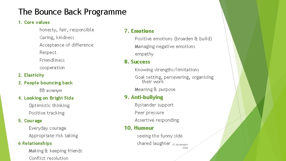The Bounce Back Programme 1. Core values honesty, fair, responsible 7. Emotions Caring, kindness