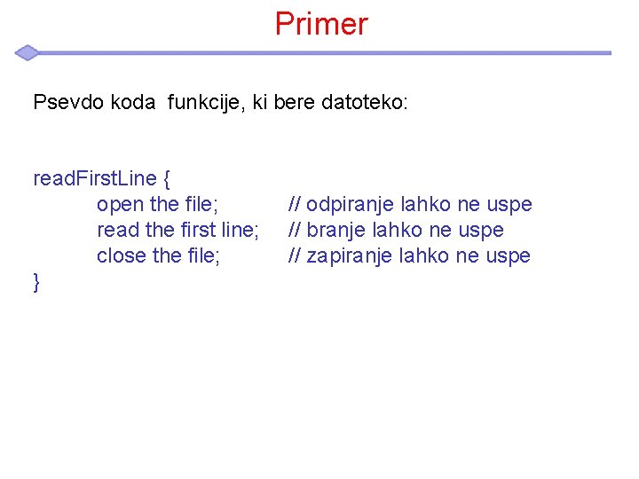 Primer Psevdo koda funkcije, ki bere datoteko: read. First. Line { open the file;