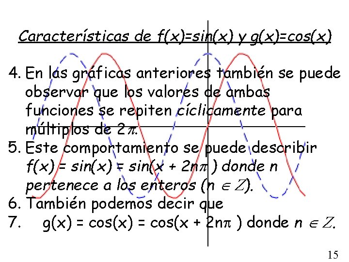 Características de f(x)=sin(x) y g(x)=cos(x) 4. En las gráficas anteriores también se puede observar
