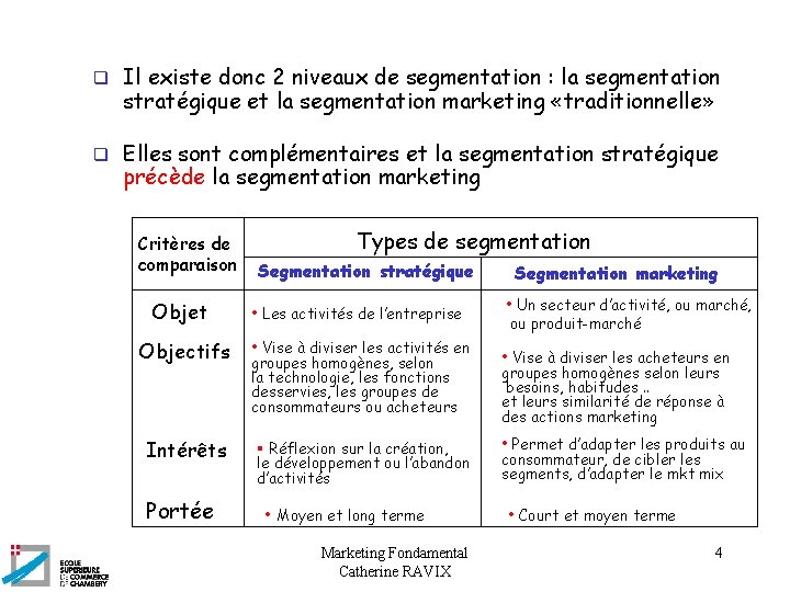 q Il existe donc 2 niveaux de segmentation : la segmentation stratégique et la