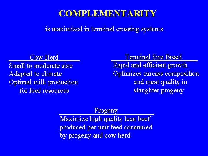 COMPLEMENTARITY is maximized in terminal crossing systems Cow Herd Small to moderate size Adapted