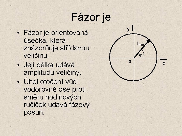 Fázor je • Fázor je orientovaná úsečka, která znázorňuje střídavou veličinu. • Její délka