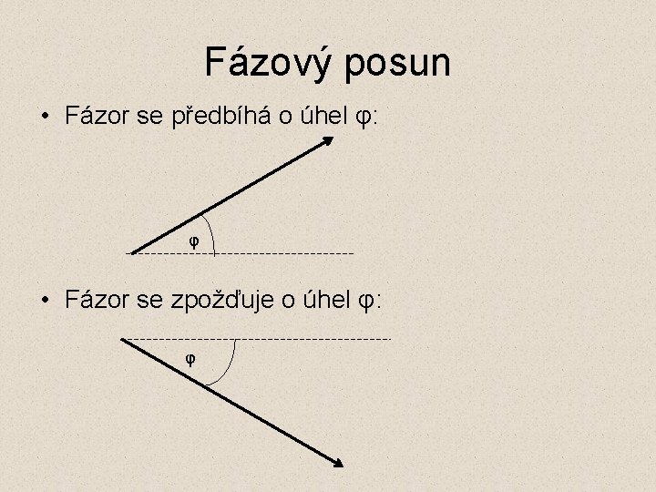 Fázový posun • Fázor se předbíhá o úhel φ: φ • Fázor se zpožďuje