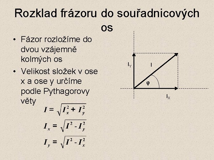 Rozklad frázoru do souřadnicových os • Fázor rozložíme do dvou vzájemně kolmých os •