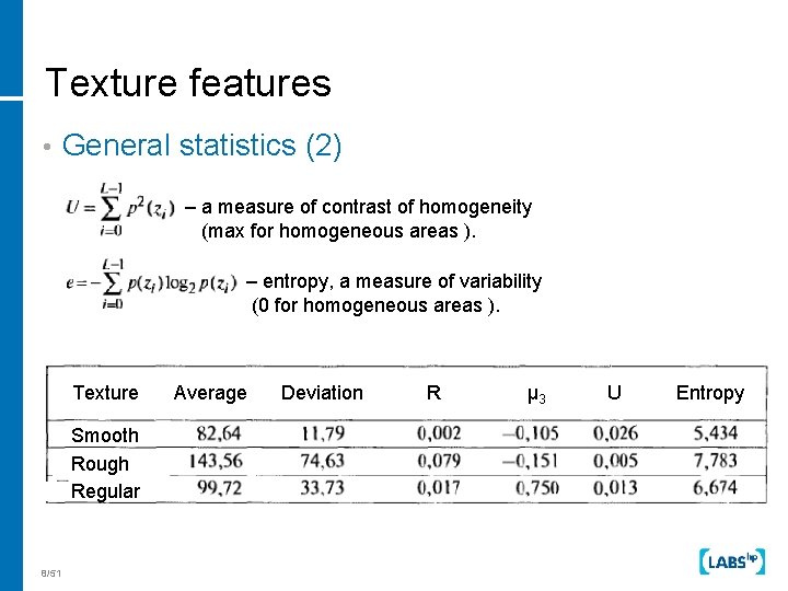 Texture features • General statistics (2) – a measure of contrast of homogeneity (max