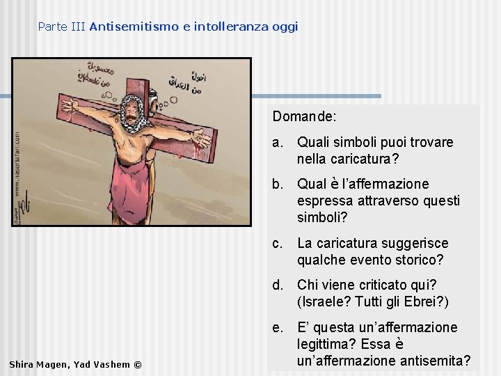 Parte III Antisemitismo e intolleranza oggi Domande: a. Quali simboli puoi trovare nella caricatura?