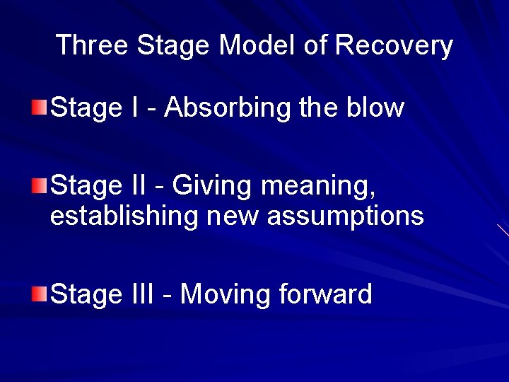 Three Stage Model of Recovery Stage I - Absorbing the blow Stage II -