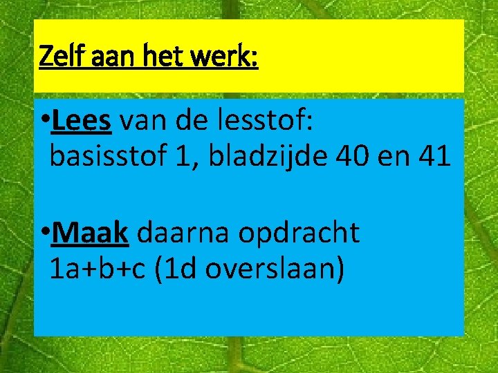 Zelf aan het werk: • Lees van de lesstof: basisstof 1, bladzijde 40 en