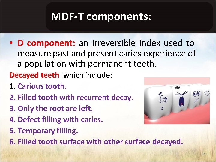 MDF-T components: • D component: an irreversible index used to measure past and present