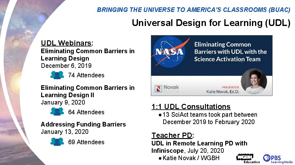 BRINGING THE UNIVERSE TO AMERICA’S CLASSROOMS (BUAC) Universal Design for Learning (UDL) UDL Webinars: