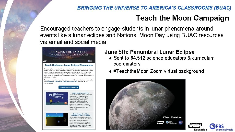 BRINGING THE UNIVERSE TO AMERICA’S CLASSROOMS (BUAC) Teach the Moon Campaign Encouraged teachers to