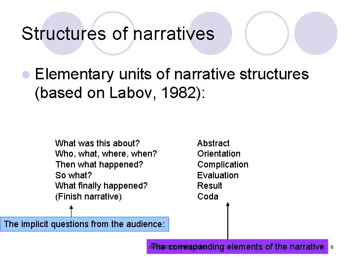 Structures of narratives l Elementary units of narrative structures (based on Labov, 1982): What