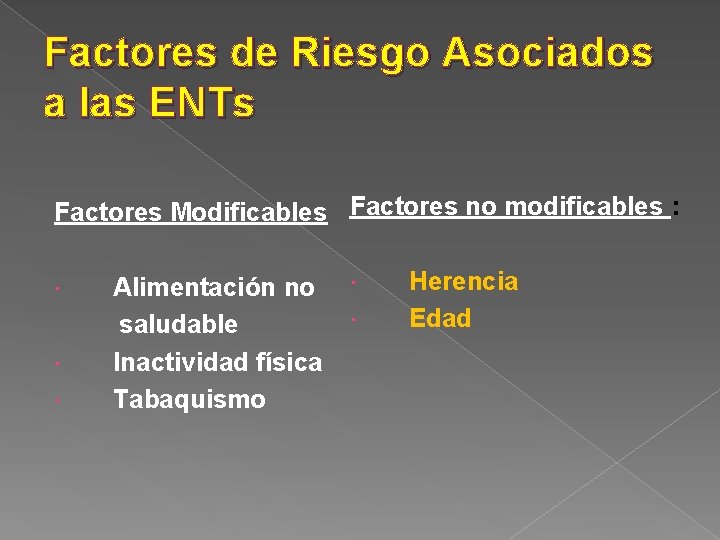 Factores de Riesgo Asociados a las ENTs Factores Modificables Factores no modificables : Alimentación