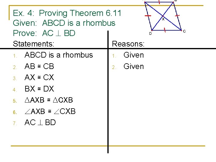 Ex. 4: Proving Theorem 6. 11 Given: ABCD is a rhombus Prove: AC BD