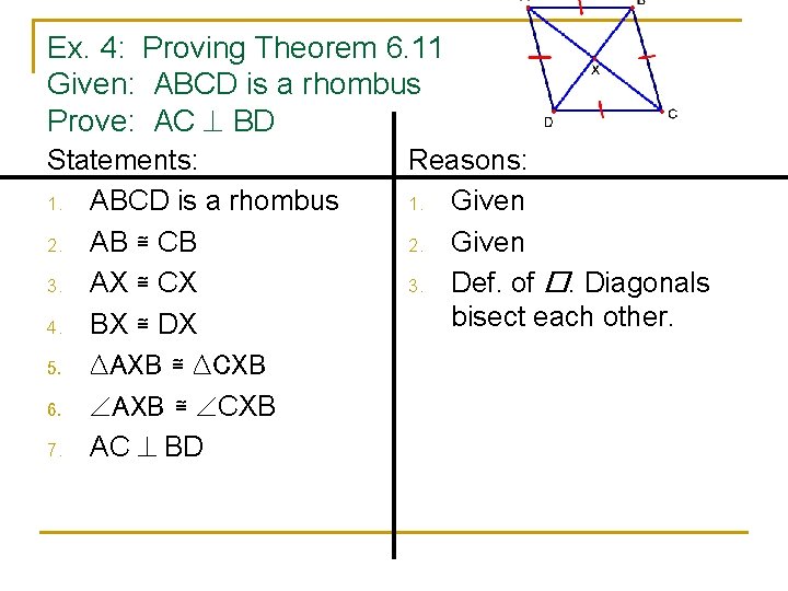 Ex. 4: Proving Theorem 6. 11 Given: ABCD is a rhombus Prove: AC BD