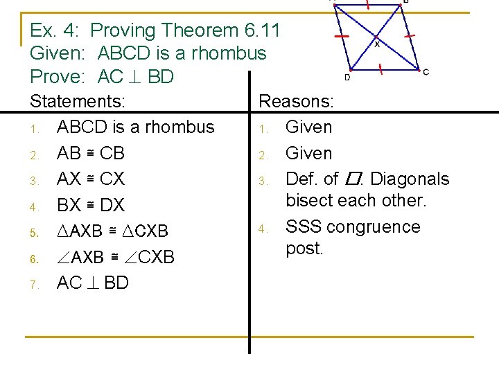 Ex. 4: Proving Theorem 6. 11 Given: ABCD is a rhombus Prove: AC BD