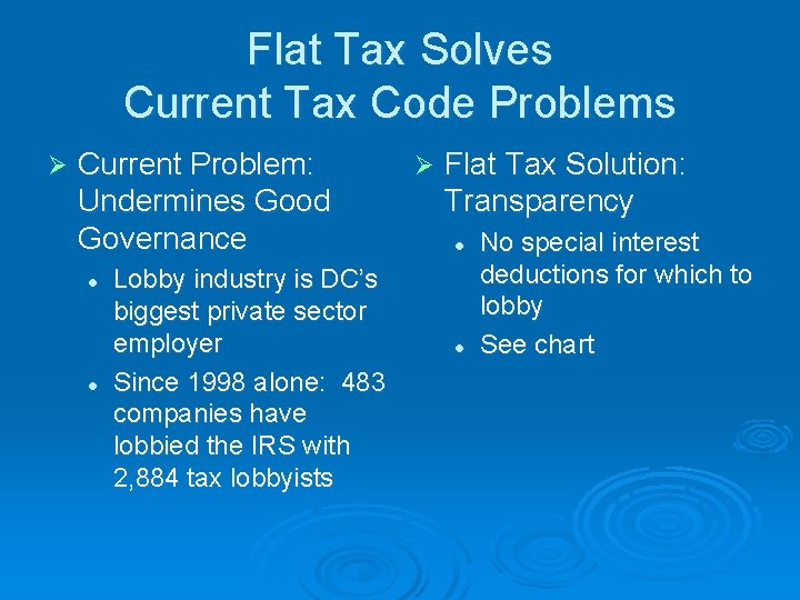 Flat Tax Solves Current Tax Code Problems Ø Current Problem: Undermines Good Governance l