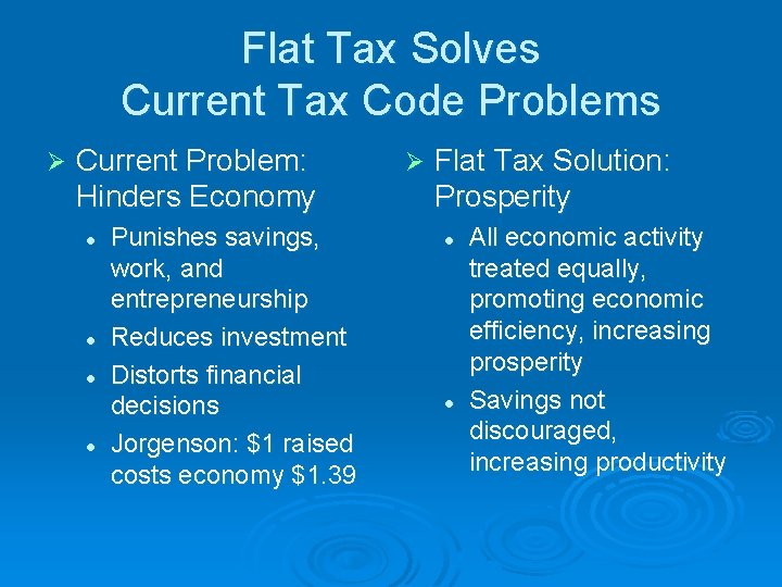 Flat Tax Solves Current Tax Code Problems Ø Current Problem: Hinders Economy l l