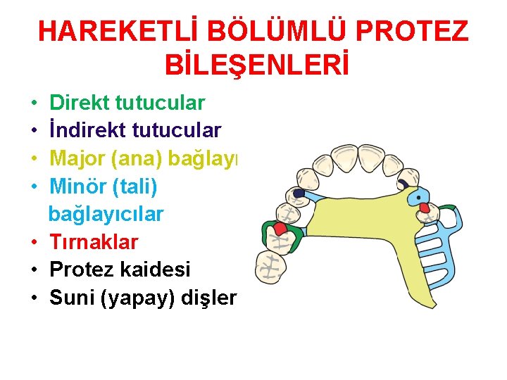 HAREKETLİ BÖLÜMLÜ PROTEZ BİLEŞENLERİ • • Direkt tutucular İndirekt tutucular Major (ana) bağlayıcılar Minör