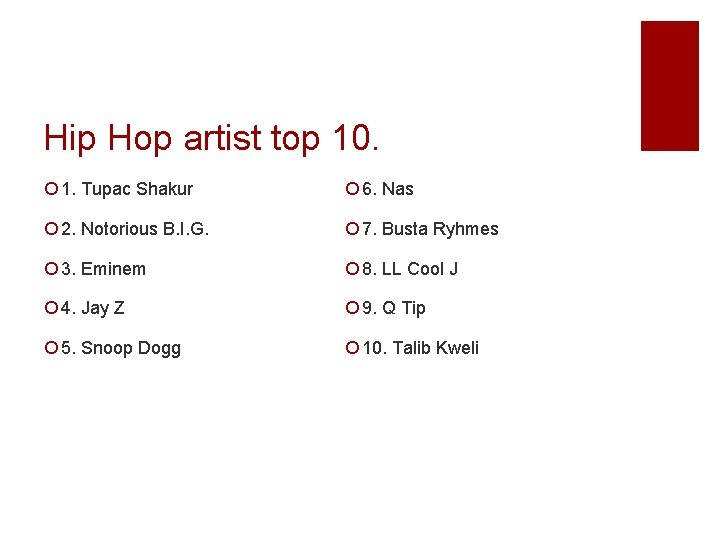 Hip Hop artist top 10. ¡ 1. Tupac Shakur ¡ 6. Nas ¡ 2.