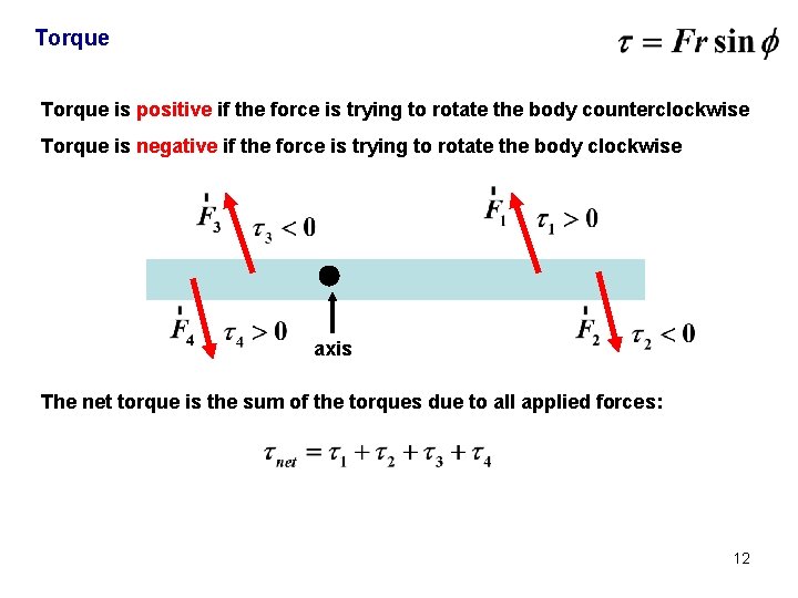 Torque is positive if the force is trying to rotate the body counterclockwise Torque