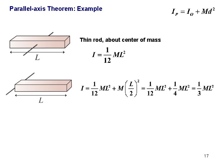 Parallel-axis Theorem: Example Thin rod, about center of mass 17 