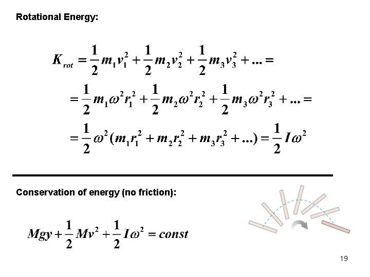 Rotational Energy: Conservation of energy (no friction): 19 