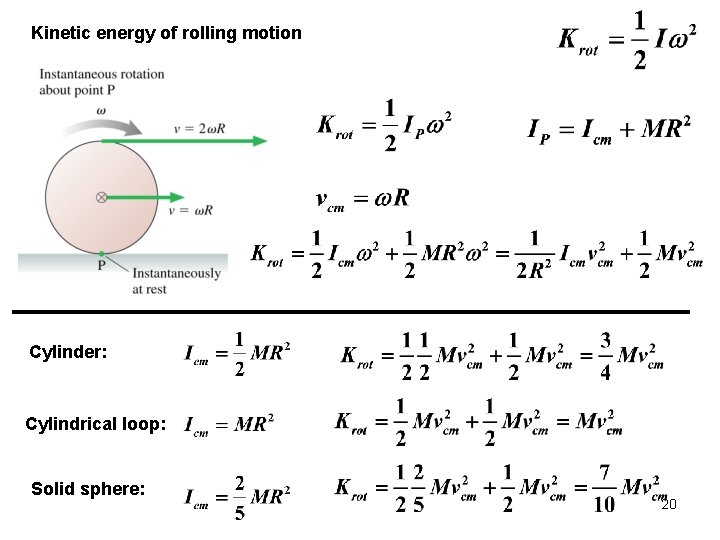 Kinetic energy of rolling motion Cylinder: Cylindrical loop: Solid sphere: 20 