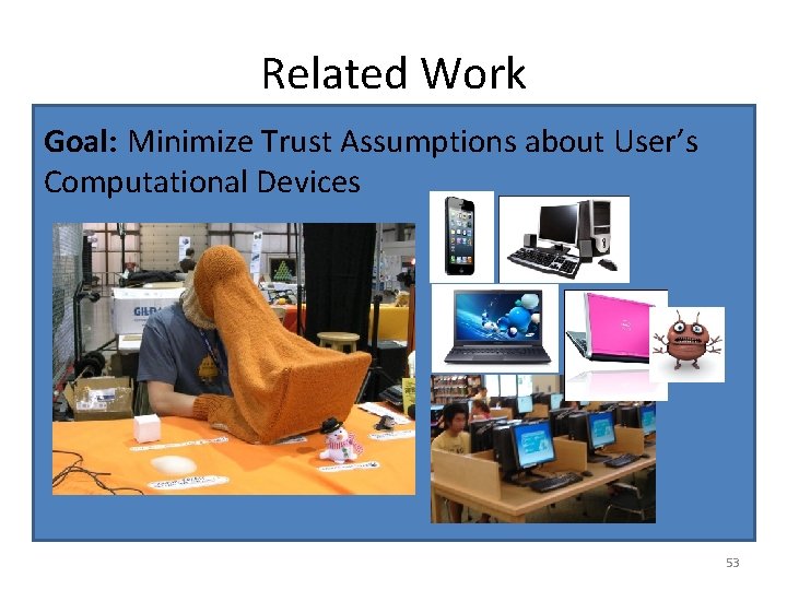 Related Work Goal: Minimize Trust Assumptions about User’s • Password Management Software Computational Devices