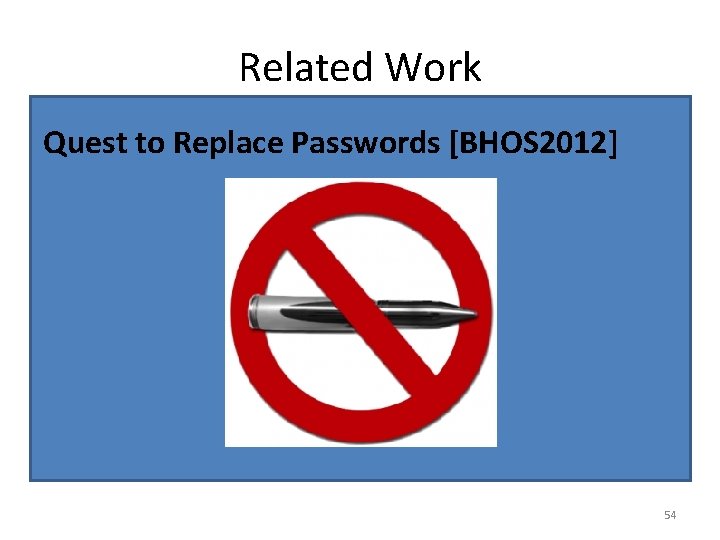 Related Work to Replace Passwords [BHOS 2012] • Quest Alternatives to Passwords 54 