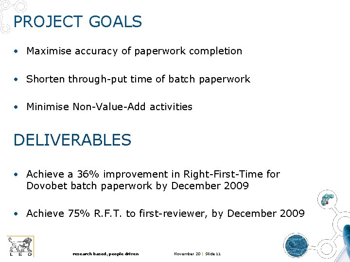 PROJECT GOALS • Maximise accuracy of paperwork completion • Shorten through-put time of batch PROJECT GOALS • Maximise accuracy of paperwork completion • Shorten through-put time of batch