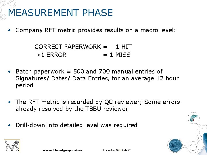 MEASUREMENT PHASE • Company RFT metric provides results on a macro level: CORRECT PAPERWORK MEASUREMENT PHASE • Company RFT metric provides results on a macro level: CORRECT PAPERWORK
