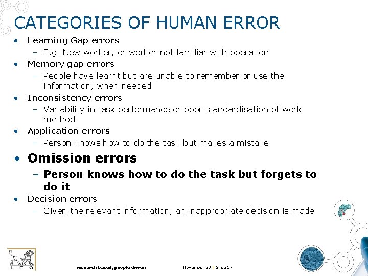 CATEGORIES OF HUMAN ERROR • • Learning Gap errors – E. g. New worker, CATEGORIES OF HUMAN ERROR • • Learning Gap errors – E. g. New worker,