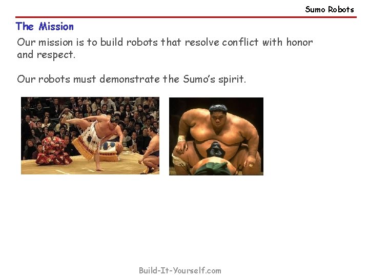 Sumo Robots The Mission Our mission is to build robots that resolve conflict with