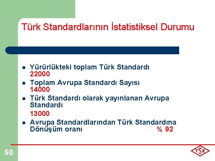 Türk Standardlarının İstatistiksel Durumu l l 60 Yürürlükteki toplam Türk Standardı 22000 Toplam Avrupa