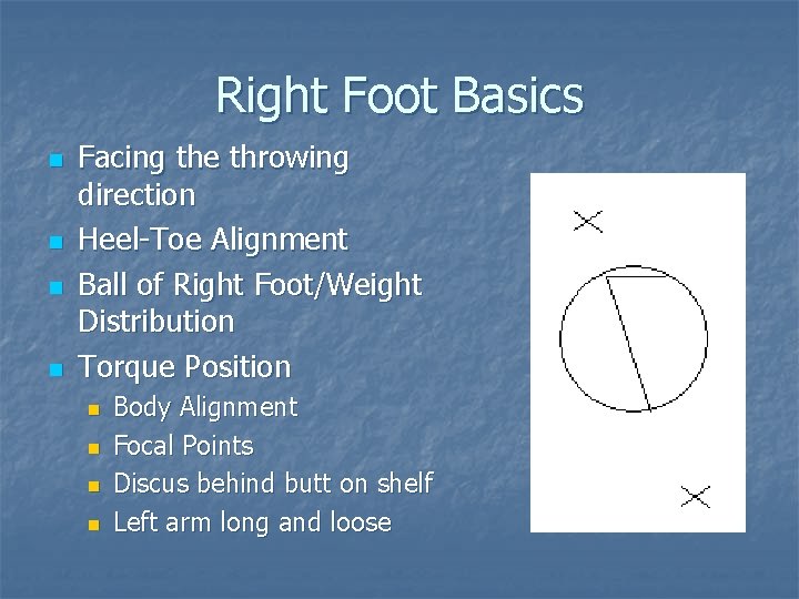 Right Foot Basics n n Facing the throwing direction Heel-Toe Alignment Ball of Right