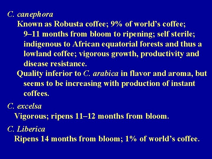 C. canephora Known as Robusta coffee; 9% of world’s coffee; 9– 11 months from