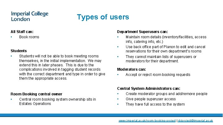Types of users All Staff can: • Book rooms Students • Students will not