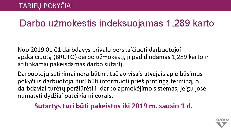 TARIFŲ POKYČIAI Darbo užmokestis indeksuojamas 1, 289 karto Nuo 2019 01 01 darbdavys privalo