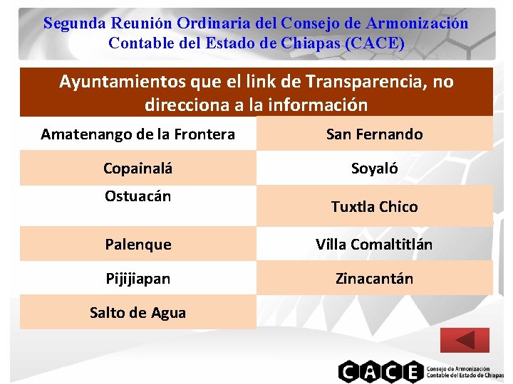 Segunda Reunión Ordinaria del Consejo de Armonización Contable del Estado de Chiapas (CACE) Ayuntamientos